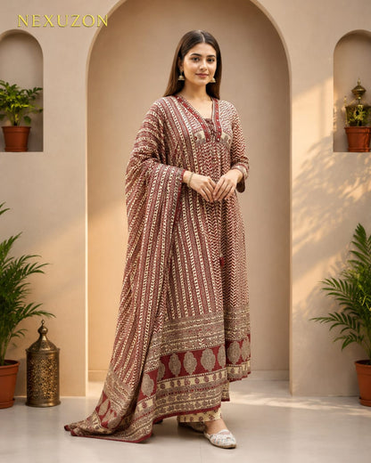 NEXUZON Premium Ajarakh Print Anarkali Suit Set