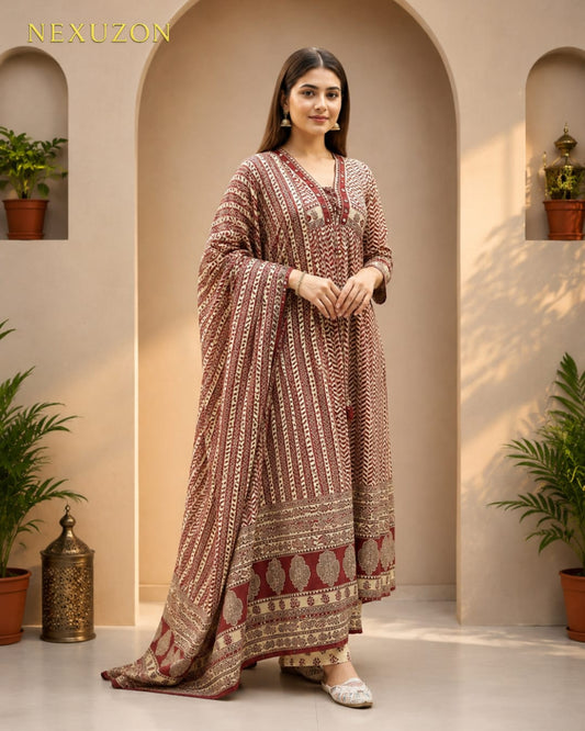 NEXUZON Premium Ajarakh Print Anarkali Suit Set