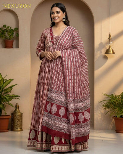 NEXUZON Premium Ajarakh Print Anarkali Suit Set
