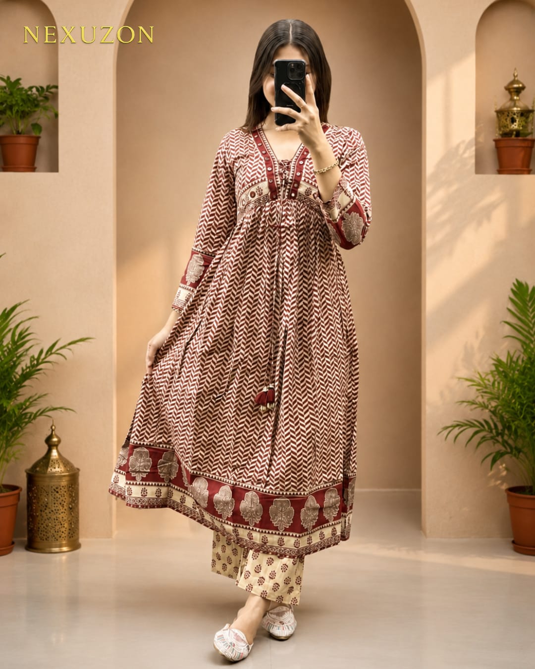 NEXUZON Premium Ajarakh Print Anarkali Suit Set