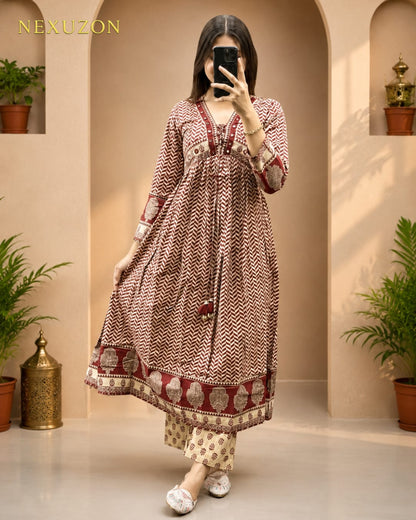 NEXUZON Premium Ajarakh Print Anarkali Suit Set